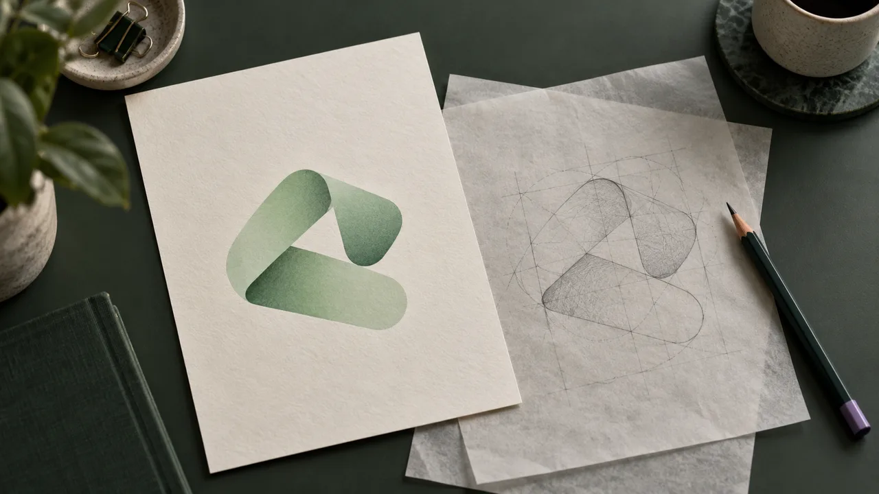 A mint ribbon symbol on paper beside pencil construction curves on tracing paper