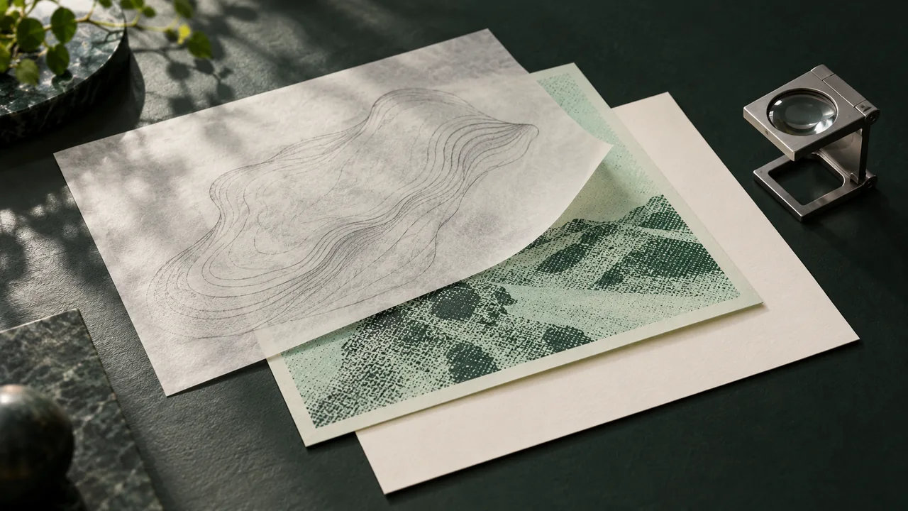 Layered tracing paper, a textured mint print and an inspection loupe on a design desk.