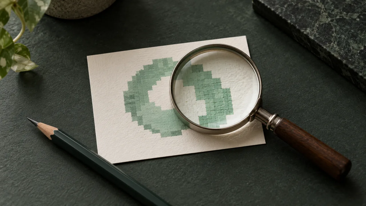 A glass loupe over the stepped edge of a small mint mark on paper.