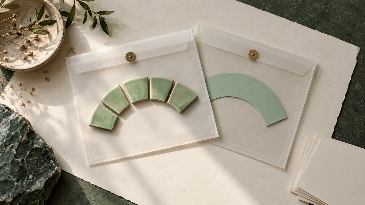 Two archival sleeves holding a mosaic arc and a smooth paper arc on a dark desk.