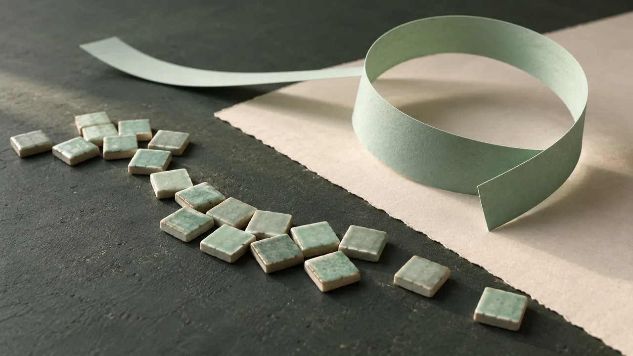 Separate square ceramic tiles and a continuous curled paper strip on a charcoal desk