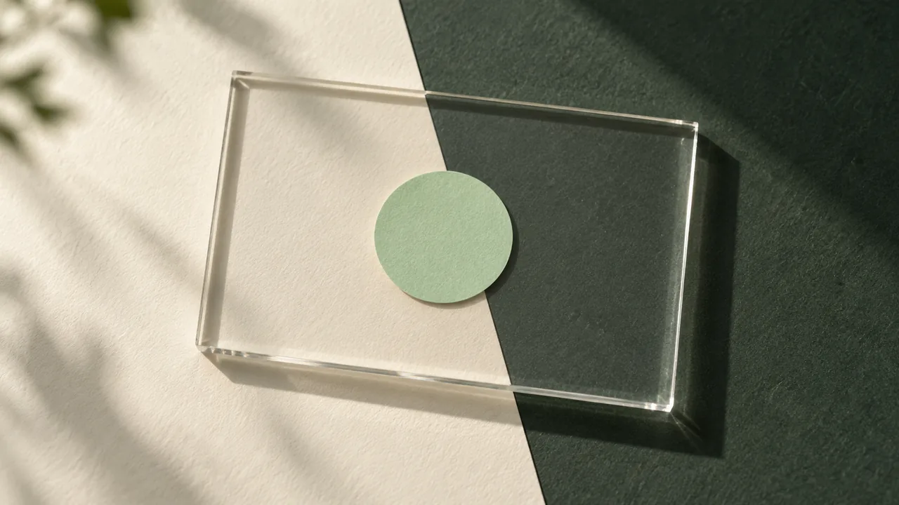 Clear acrylic spanning pale paper and a dark tabletop, with an opaque mint circle on its surface.